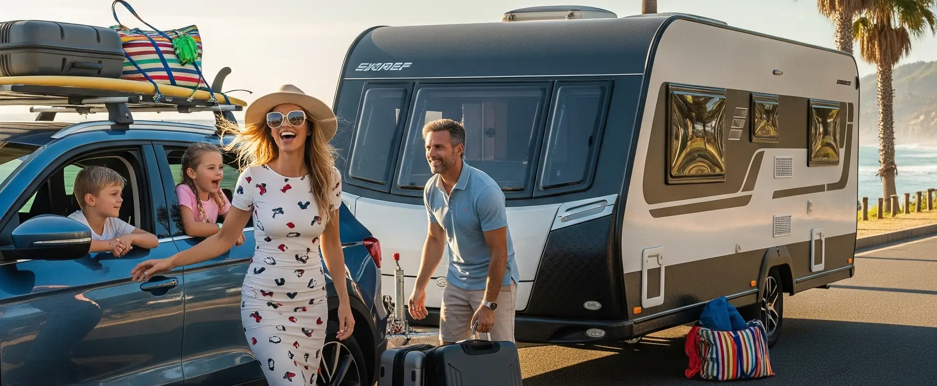 Gezin op bouwvakvakantie met auto en caravan
